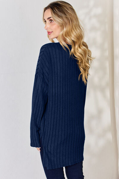 Ribbed Half Button Long Sleeve High-Low T-Shirt