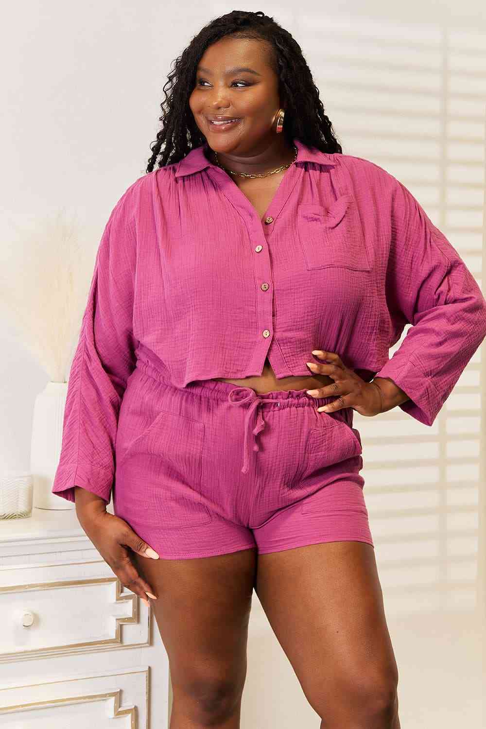 Basic Bae Buttoned Long Sleeve Top and Shorts Set - EMMY