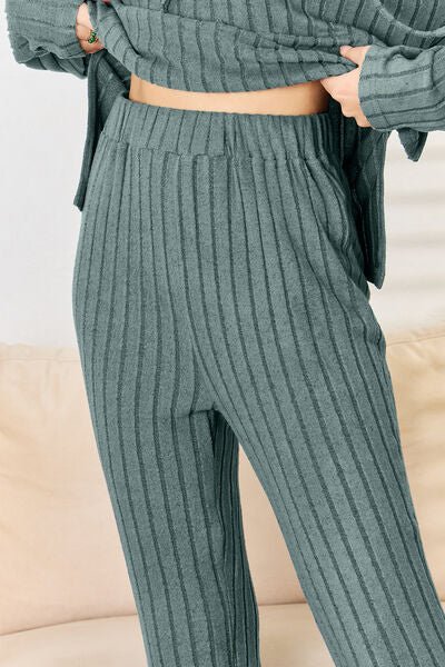 Basic Bae Full Size Ribbed Drawstring Hood Top and Straight Pants Set - EMMY