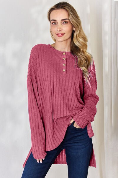 Basic Bae Full Size Ribbed Half Button Long Sleeve High-Low T-Shirt - EMMY