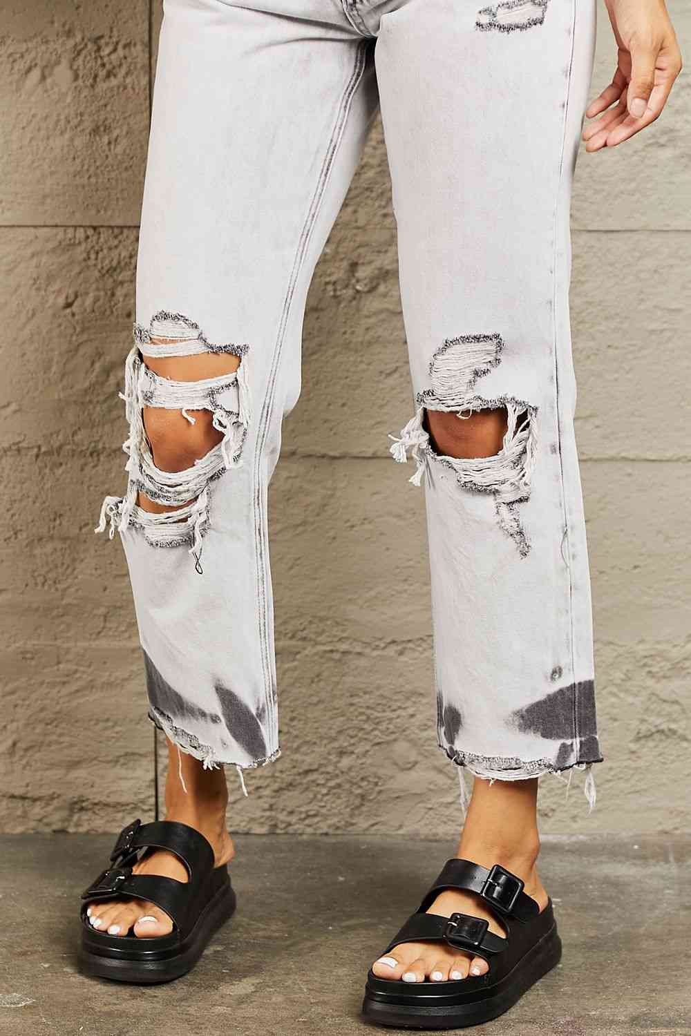 BAYEAS Acid Wash Accent Cropped Mom Jeans - EMMY
