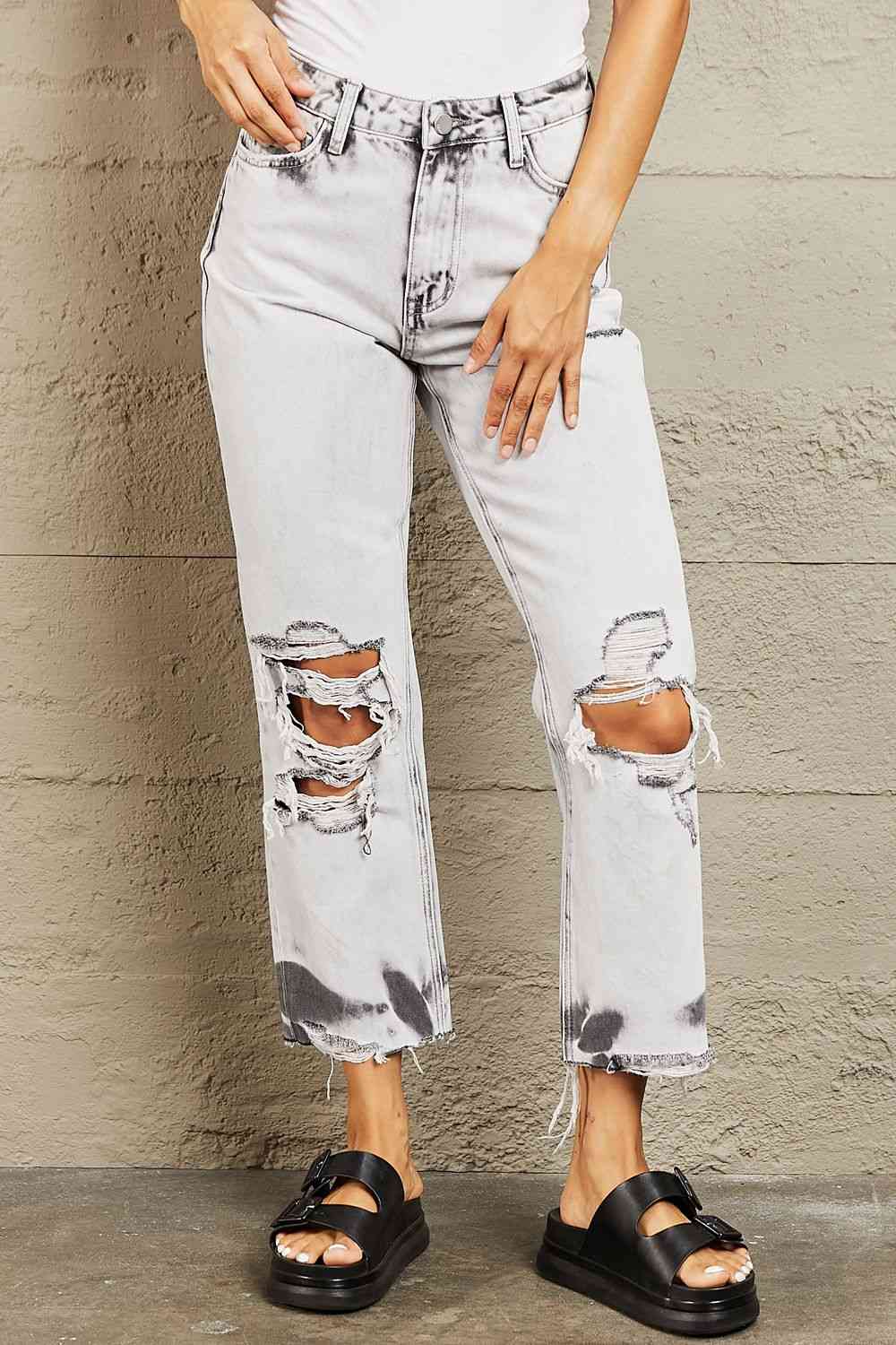 BAYEAS Acid Wash Accent Cropped Mom Jeans - EMMY