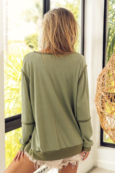 BiBi Waffle Knit Contrast Trim Long Sleeve T-Shirt - EMMY