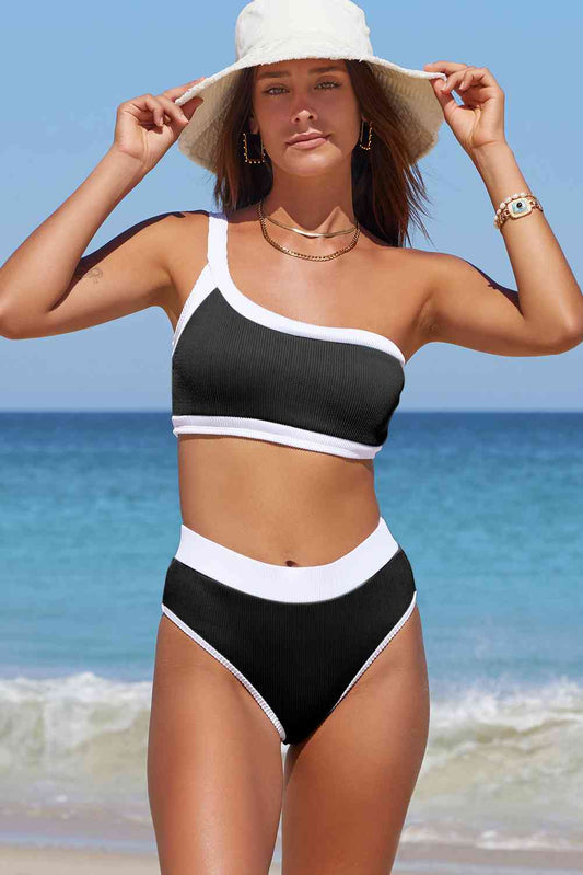 Contrast Trim Ribbed One-Shoulder Bikini Set - EMMY