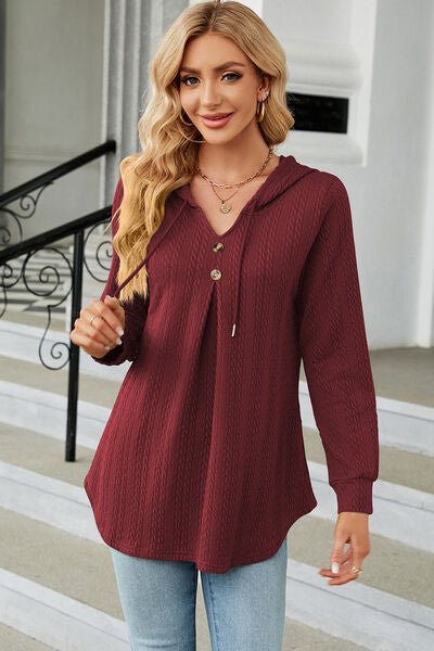 Decorative Button Drawstring Long Sleeve Hoodie - EMMY