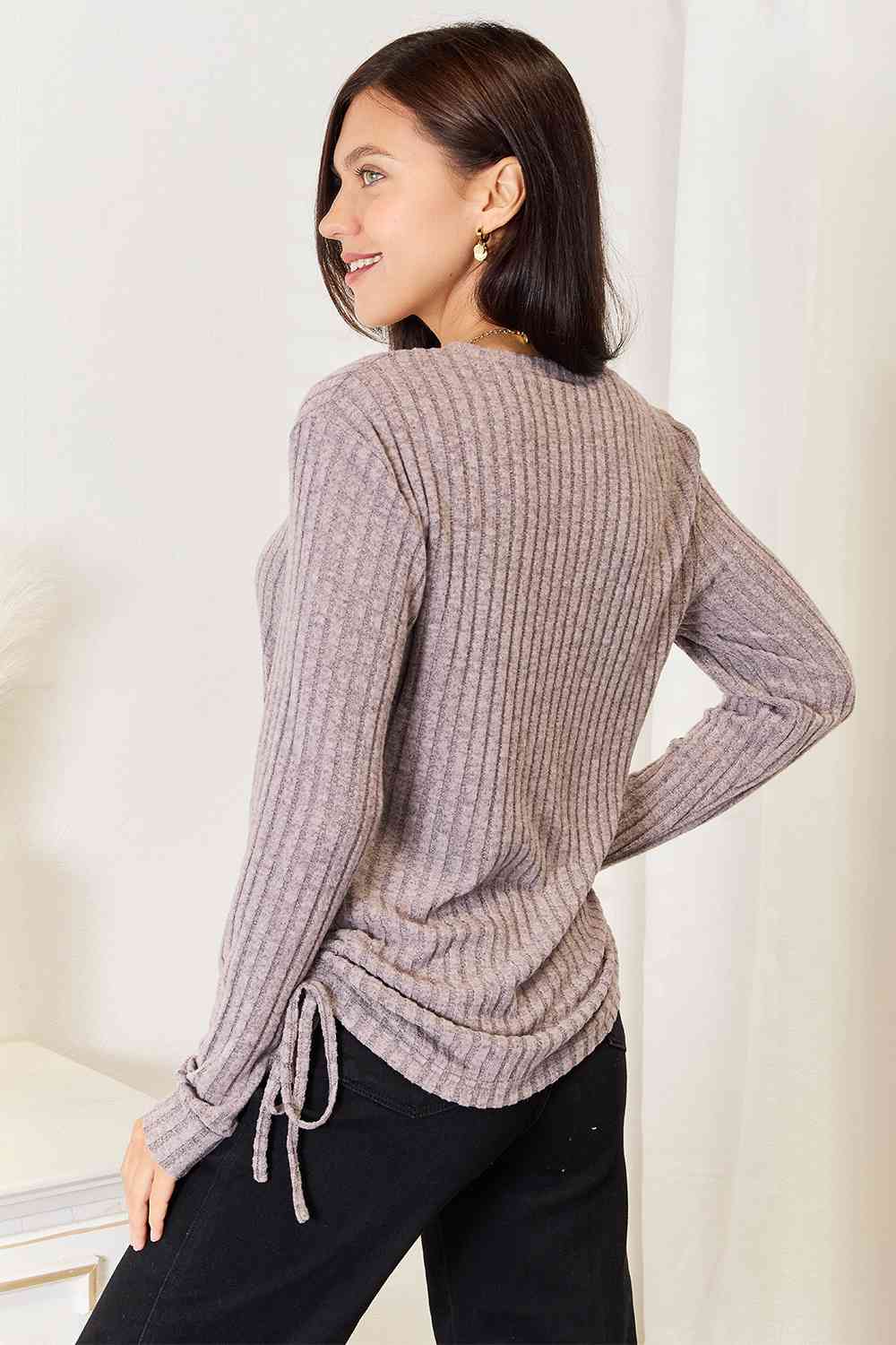 Double Take Drawstring Ribbed Long Sleeve T-Shirt - EMMY