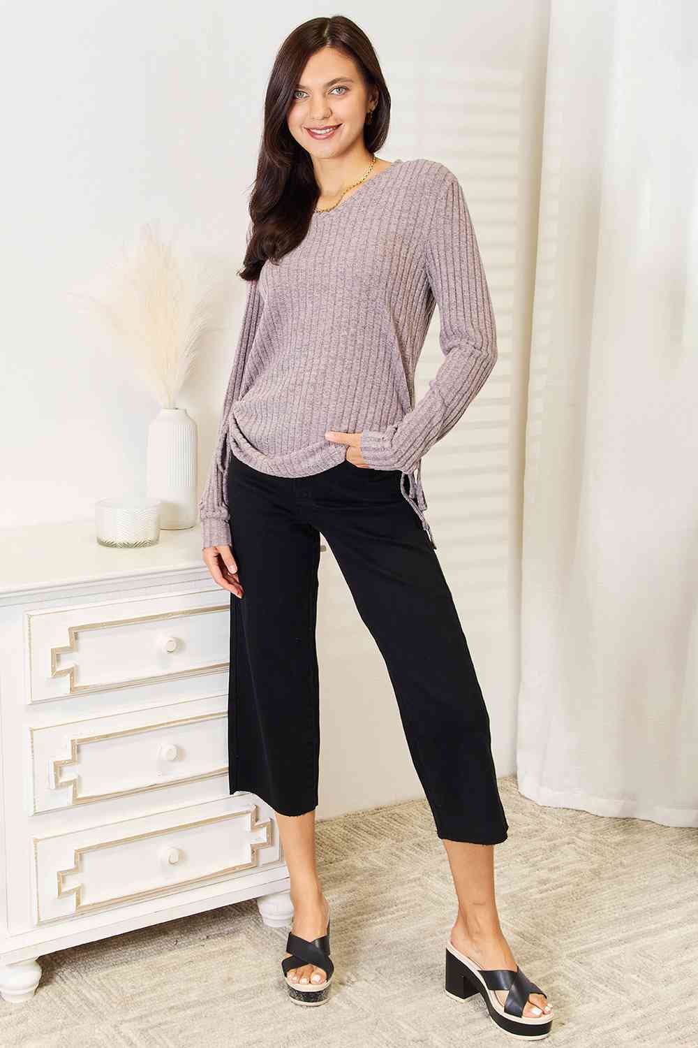 Double Take Drawstring Ribbed Long Sleeve T-Shirt - EMMY