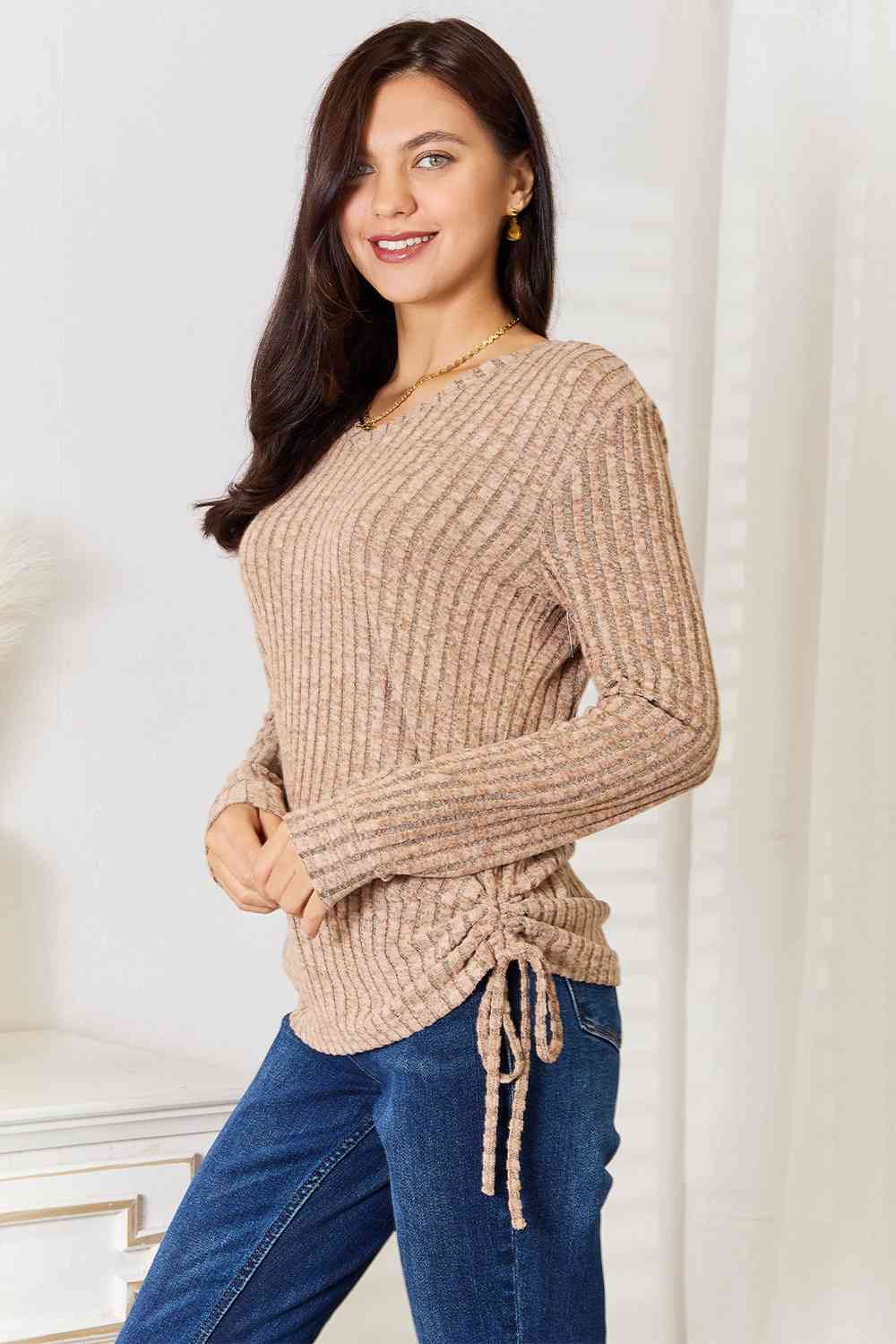 Double Take Drawstring Ribbed Long Sleeve T-Shirt - EMMY