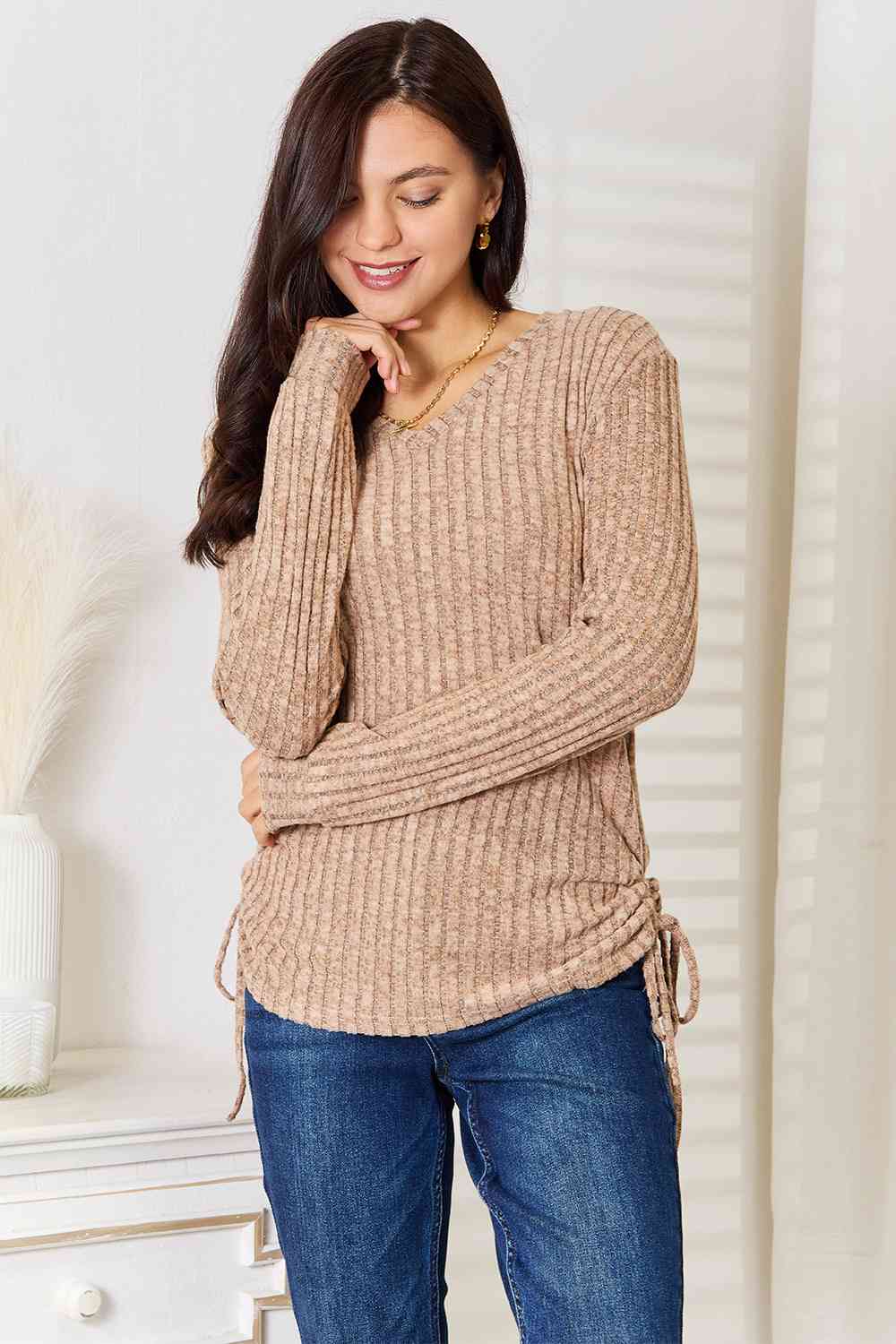 Double Take Drawstring Ribbed Long Sleeve T-Shirt - EMMY