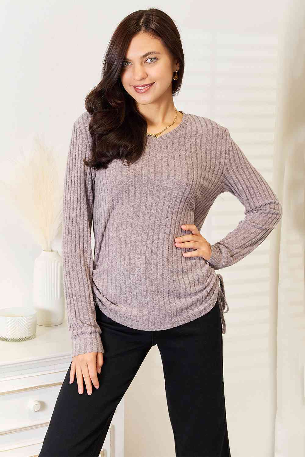 Double Take Drawstring Ribbed Long Sleeve T-Shirt - EMMY