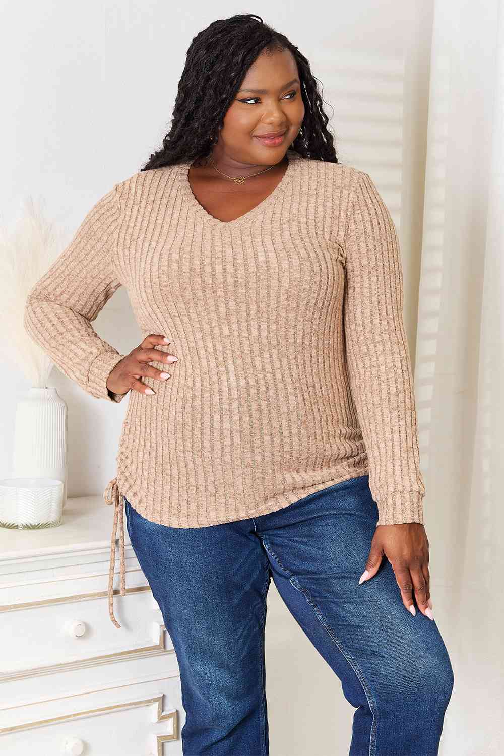 Double Take Drawstring Ribbed Long Sleeve T-Shirt - EMMY