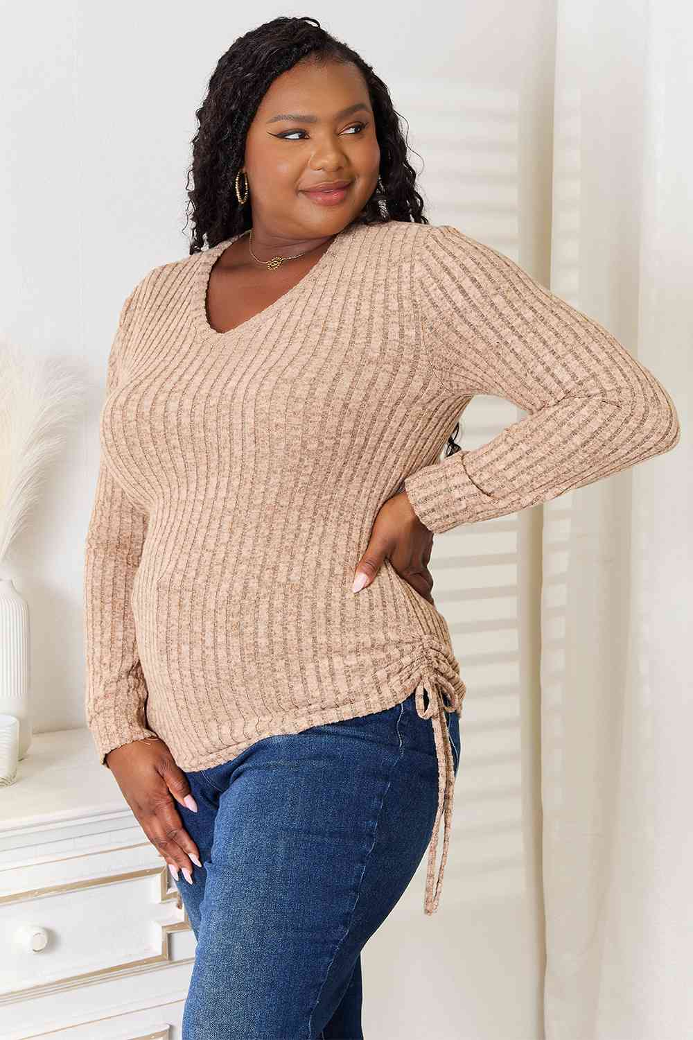 Double Take Drawstring Ribbed Long Sleeve T-Shirt - EMMY