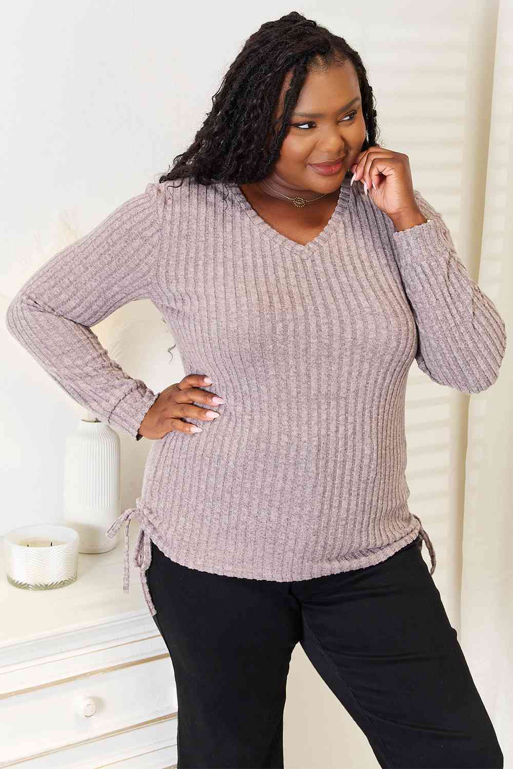 Double Take Drawstring Ribbed Long Sleeve T-Shirt - EMMY