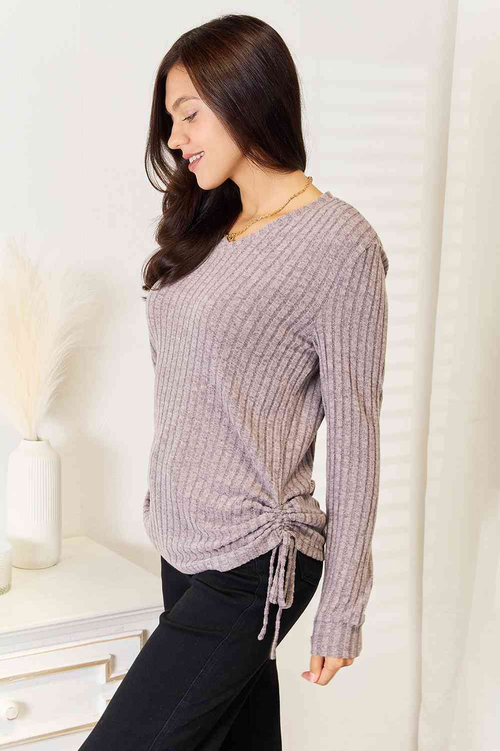 Double Take Drawstring Ribbed Long Sleeve T-Shirt - EMMY