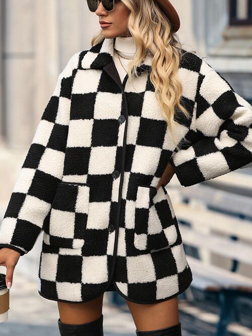 Double Take Full Size Checkered Button Front Coat with Pockets - EMMY