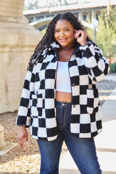 Double Take Full Size Checkered Button Front Coat with Pockets - EMMY