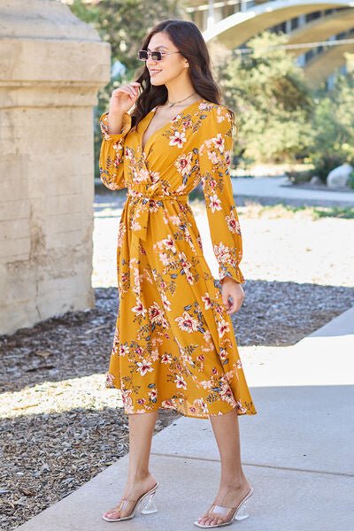 Double Take Full Size Floral Tie Back Flounce Sleeve Dress - EMMY
