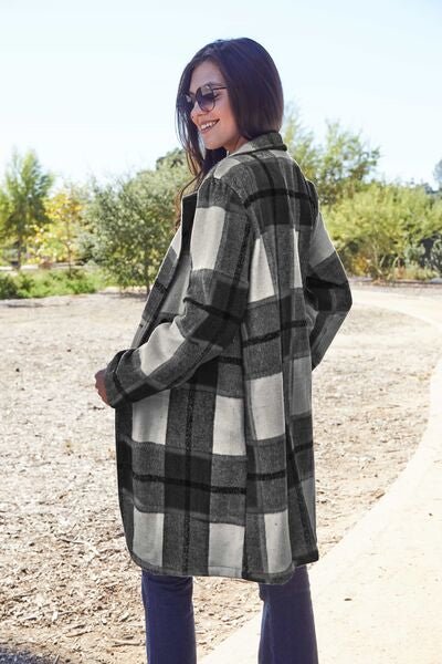 Double Take Full Size Plaid Button Up Lapel Collar Coat - EMMY