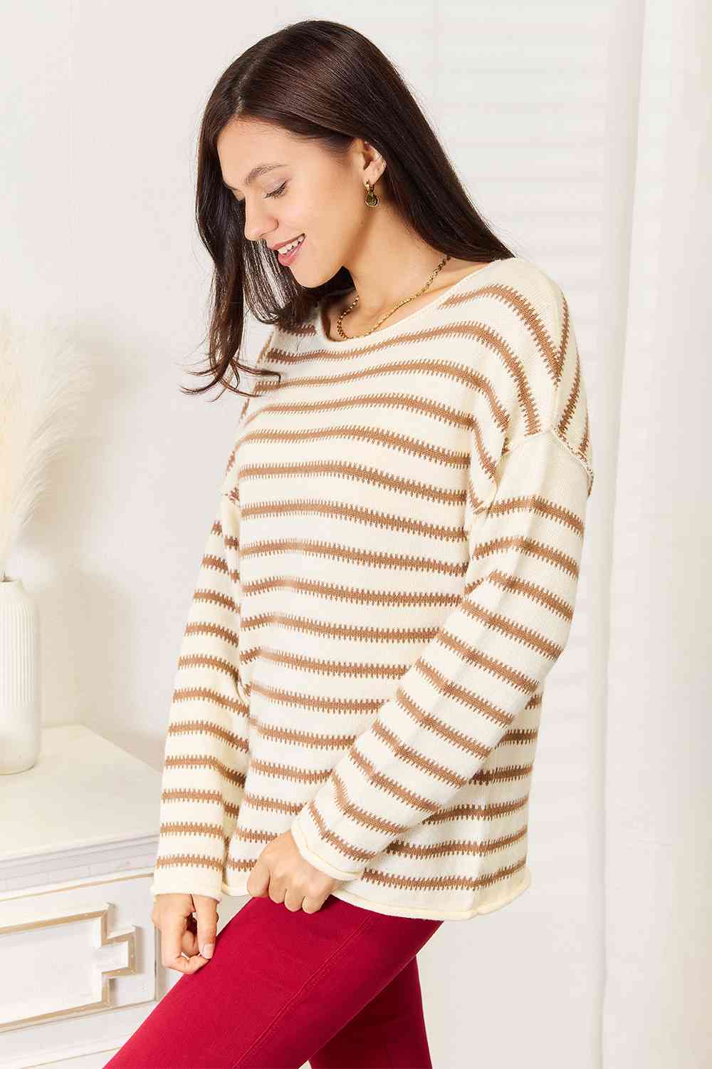 Double Take Striped Boat Neck Sweater - EMMY