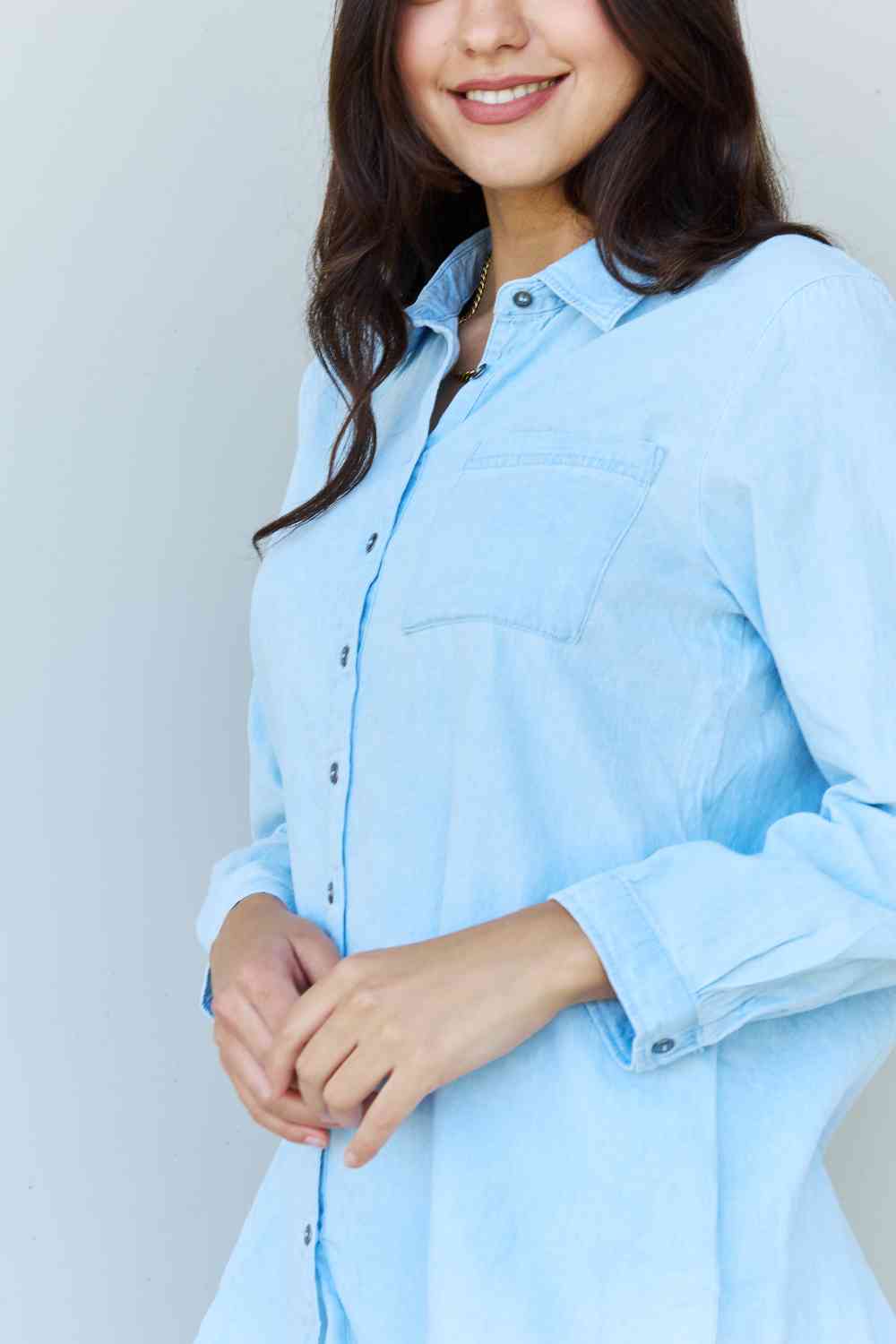 Doublju Blue Jean Baby Denim Button Down Shirt Top in Light Blue - EMMY