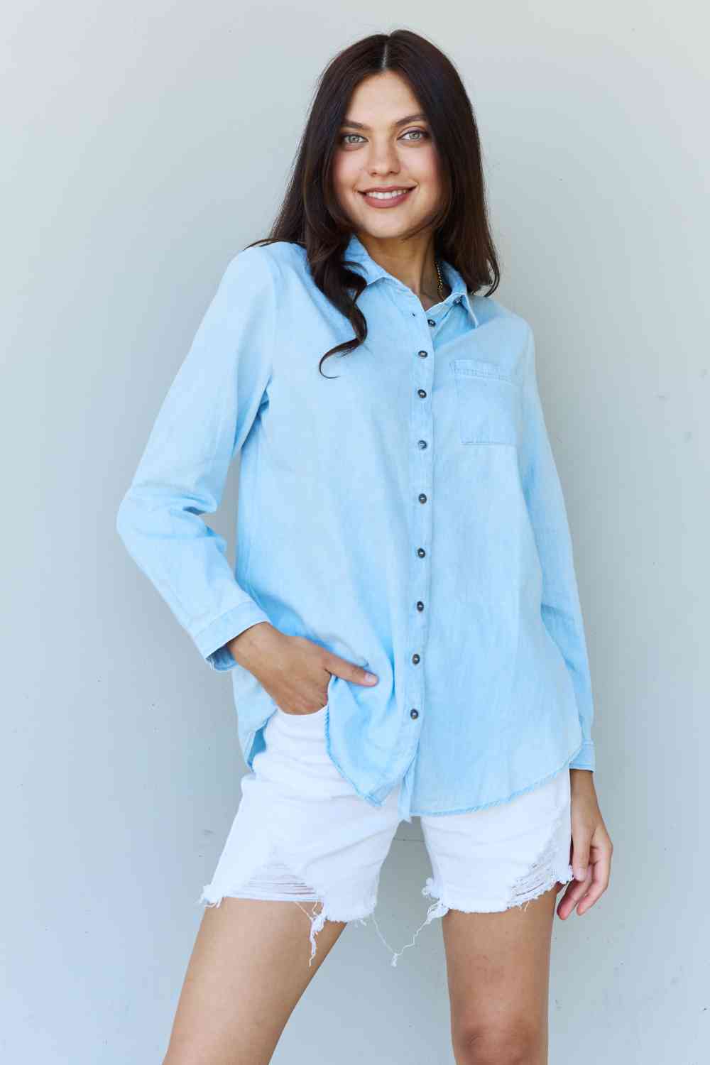 Doublju Blue Jean Baby Denim Button Down Shirt Top in Light Blue - EMMY