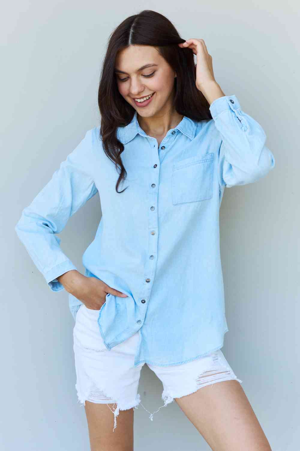 Doublju Blue Jean Baby Denim Button Down Shirt Top in Light Blue - EMMY