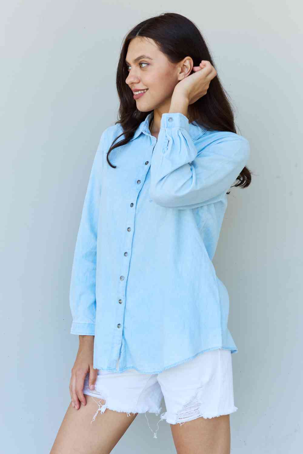 Doublju Blue Jean Baby Denim Button Down Shirt Top in Light Blue - EMMY