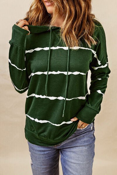 Drawstring Striped Dropped Shoulder Hoodie - EMMY