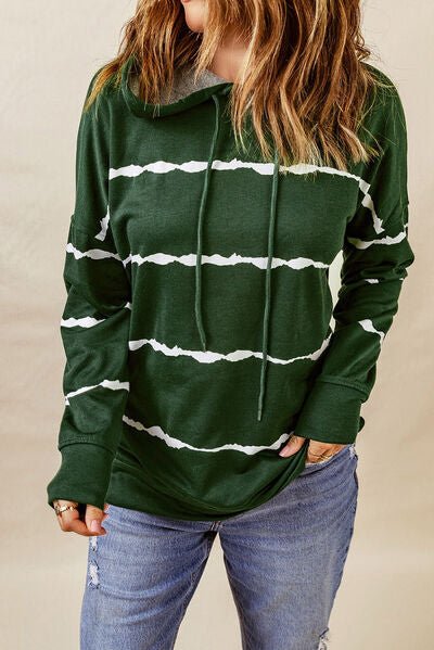 Drawstring Striped Dropped Shoulder Hoodie - EMMY