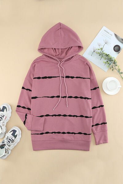 Drawstring Striped Dropped Shoulder Hoodie - EMMY