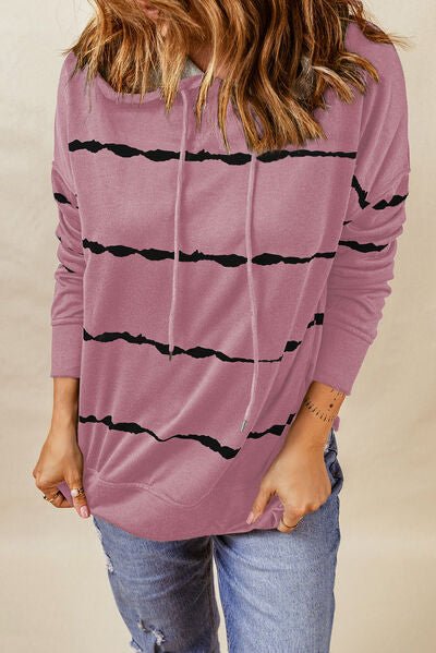 Drawstring Striped Dropped Shoulder Hoodie - EMMY