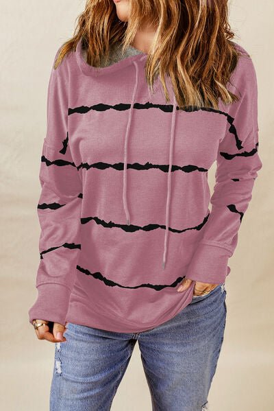 Drawstring Striped Dropped Shoulder Hoodie - EMMY