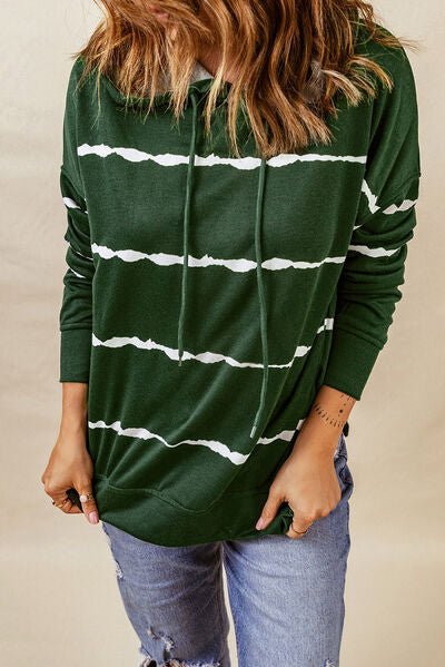 Drawstring Striped Dropped Shoulder Hoodie - EMMY