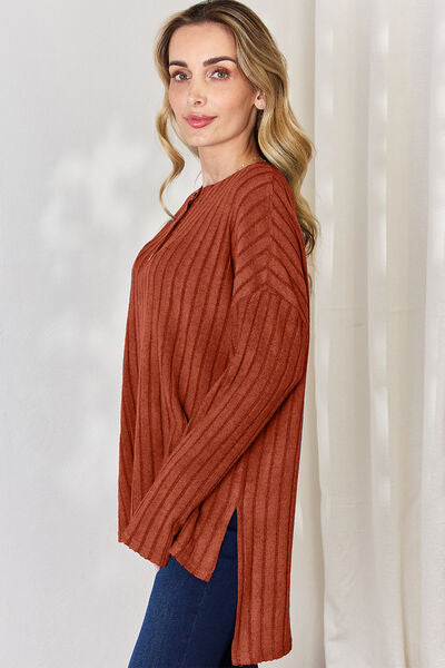 Ribbed Half Button Long Sleeve High-Low T-Shirt