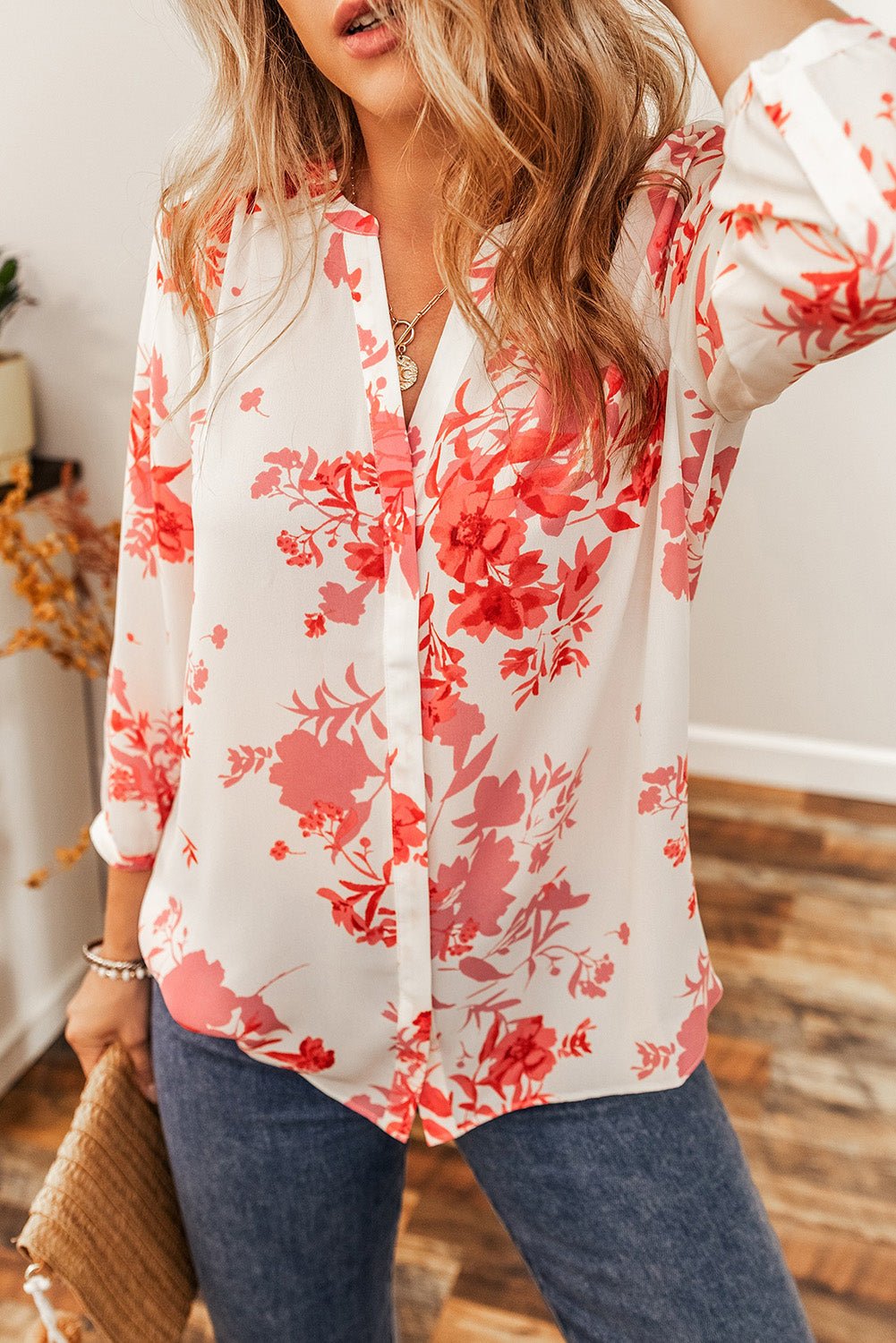 Floral Notched Long Sleeve Blouse - EMMY