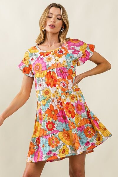 Floral Short Sleeve Tiered Dress - EMMY