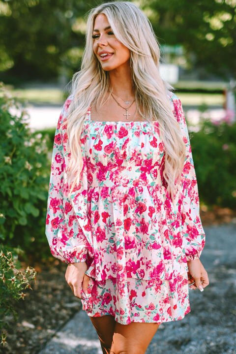 Floral Square Neck Layered Dress - EMMY