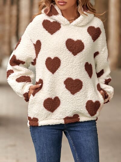 Fuzzy Heart Pocketed Dropped Shoulder Hoodie - EMMY