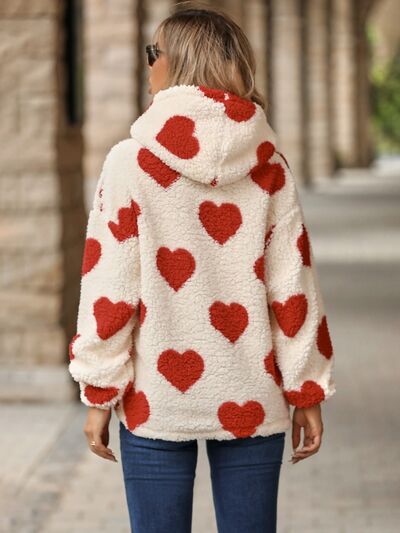 Fuzzy Heart Pocketed Dropped Shoulder Hoodie - EMMY