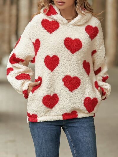 Fuzzy Heart Pocketed Dropped Shoulder Hoodie - EMMY