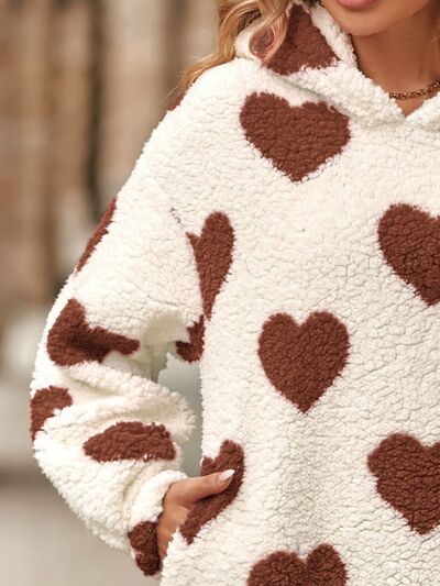 Fuzzy Heart Pocketed Dropped Shoulder Hoodie - EMMY