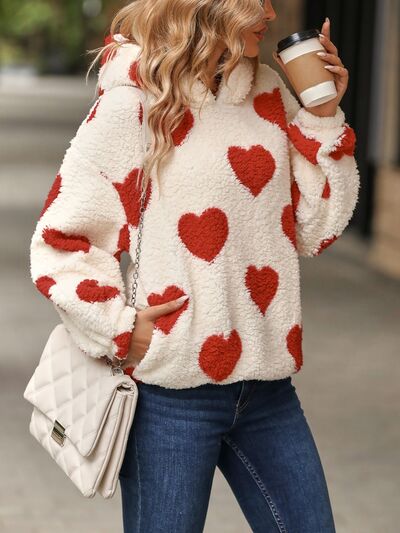 Fuzzy Heart Pocketed Dropped Shoulder Hoodie - EMMY