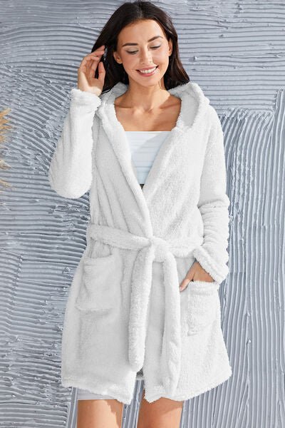 Fuzzy Tied Pocketed Hooded Lounge Nightgown - EMMY