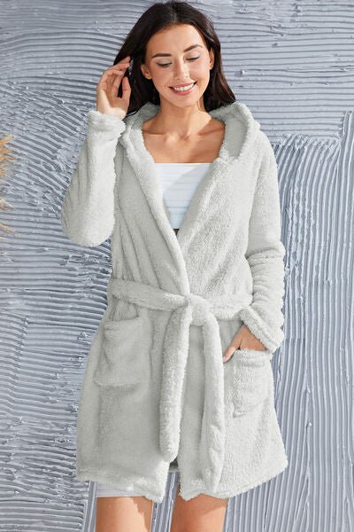 Fuzzy Tied Pocketed Hooded Lounge Nightgown - EMMY