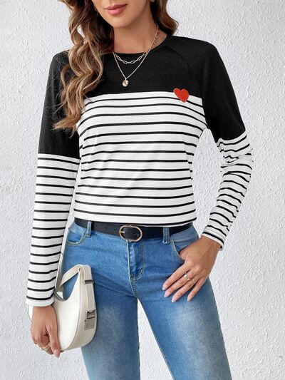 Heart Patch Striped Round Neck Long Sleeve T-Shirt - EMMY