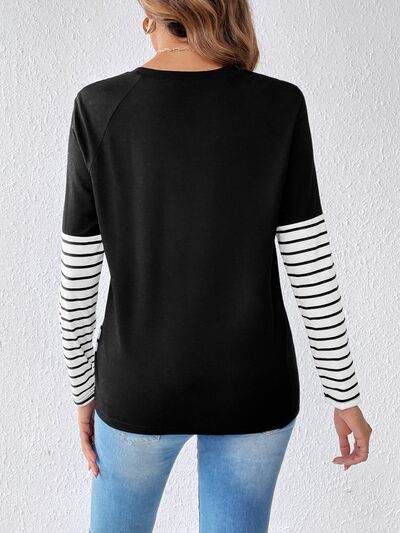Heart Patch Striped Round Neck Long Sleeve T-Shirt - EMMY