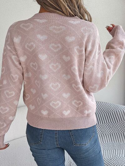 Heart Pattern V-Neck Long Sleeve Sweater - EMMY