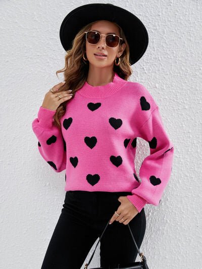 Heart Round Neck Dropped Shoulder Sweater - EMMY