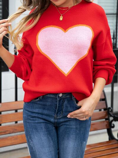Heart Round Neck Long Sleeve Sweater - EMMY