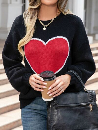 Heart Round Neck Long Sleeve Sweater - EMMY